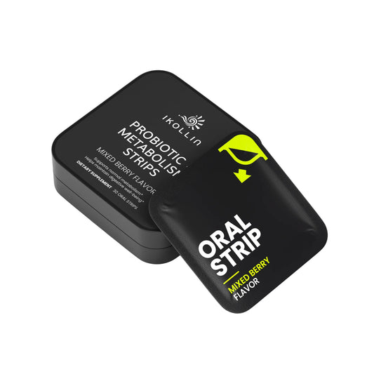 IKOLLIN Probiotic + Metabolism Strips black tin with individual black oral strip packet leaning against it, Mixed Berry Flavor, light gray background