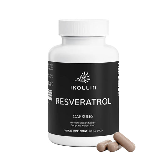 IKOLLIN Resveratrol Capsules bottle with three brown veggie capsules in front, white background