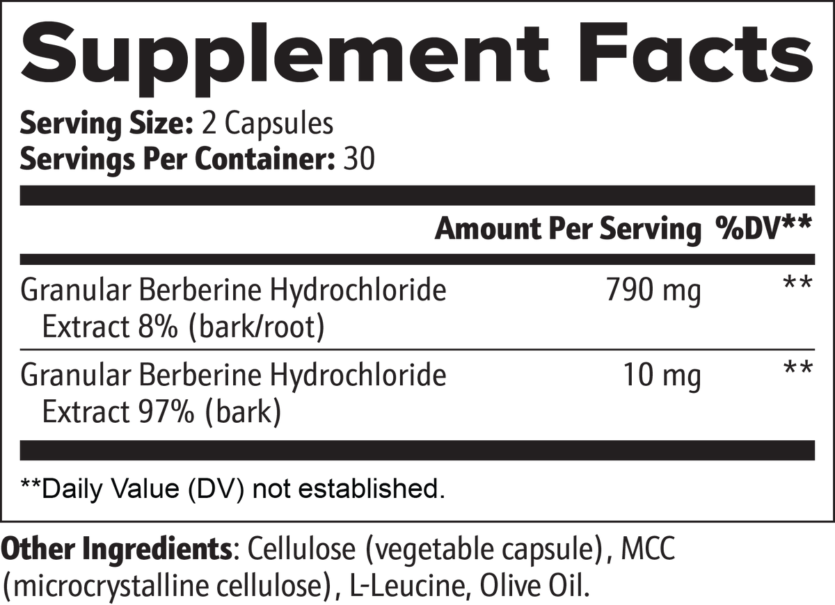 Berberine Supplement Facts – serving size 2 capsules, 30 servings, Granular Berberine HCl Extract 8% bark/root 790mg, Granular Berberine HCl Extract 97% bark 10mg. No allergens declared.