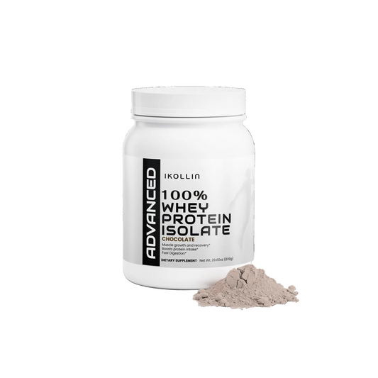 IKOLLIN Advanced 100% Whey Protein Isolate Chocolate jar with a pile of chocolate protein powder in front, light gray background