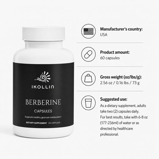 IKOLLIN Berberine Capsules 60 count dietary supplement supporting healthy glucose metabolism, 2.56 oz Made in USA