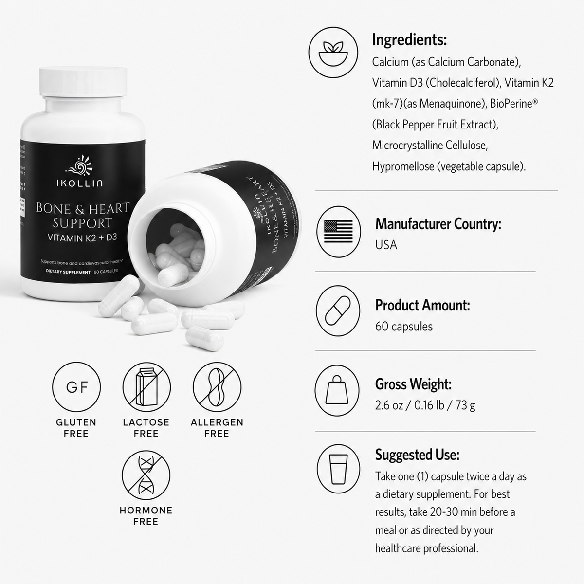 IKOLLIN Bone & Heart Support Vitamin K2 D3 ingredients showing Calcium Vitamin D3 Vitamin K2 MK-7 BioPerine, Gluten Free Lactose Free Allergen Free Hormone Free, 60 capsules