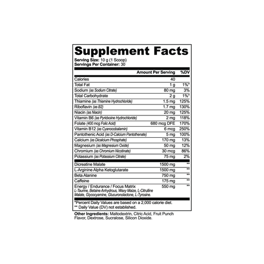 Nitric Shock Pre-Workout Powder supplement facts panel showing 23 advanced nutrients per serving