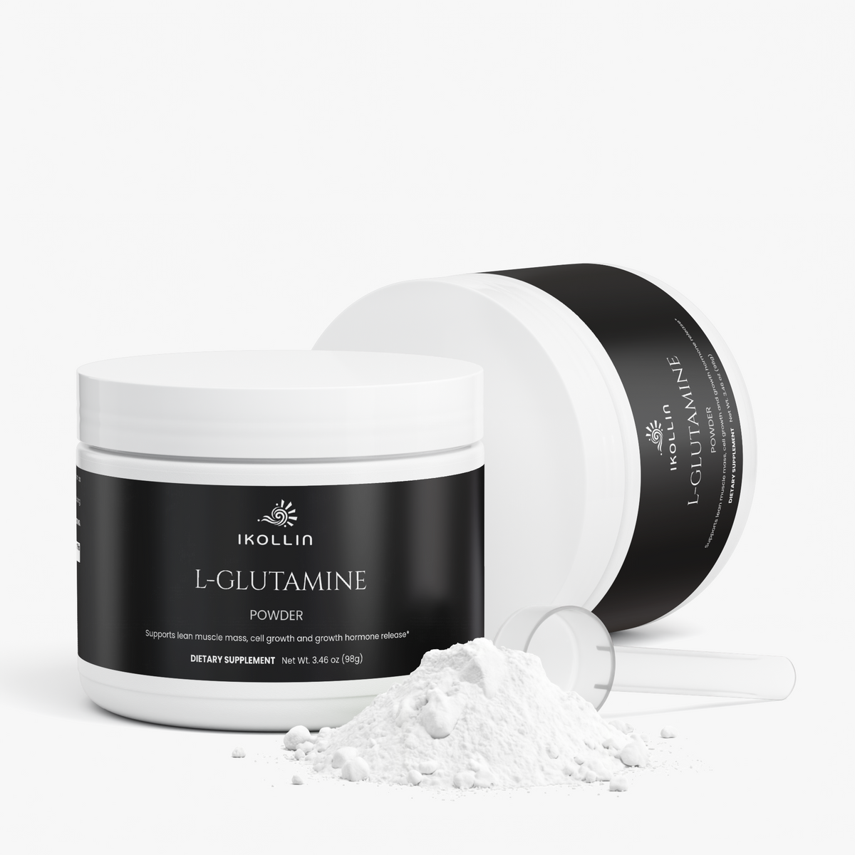 IKOLLIN L-Glutamine Powder open container with scoop showing white powder on clean white background