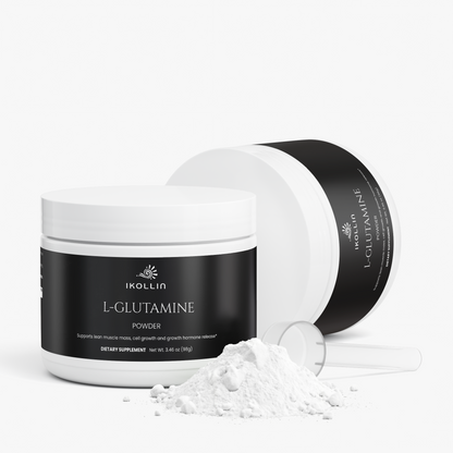 IKOLLIN L-Glutamine Powder open container with scoop showing white powder on clean white background