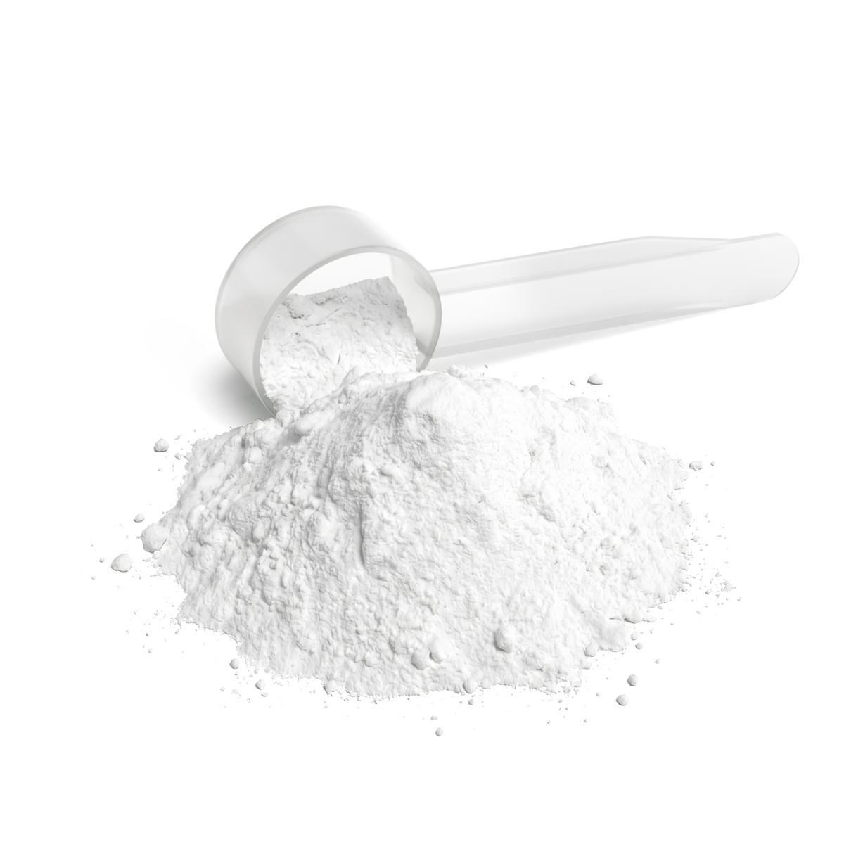 Measuring scoop with pure L-Glutamine white powder on white background 