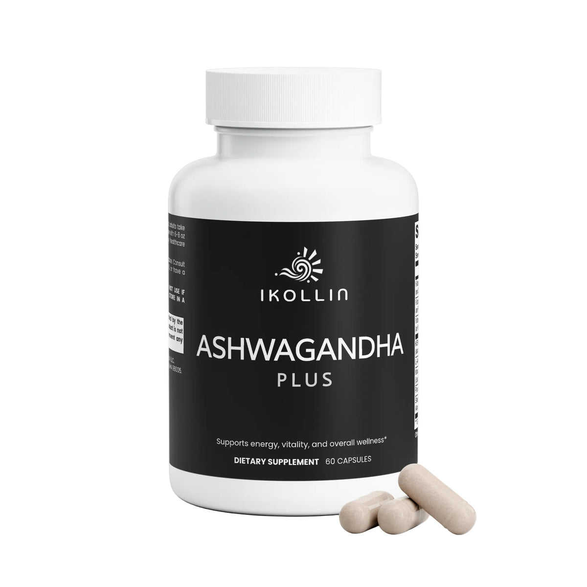IKOLLIN Ashwagandha Plus bottle with capsules displayed in front