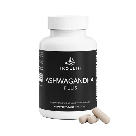 IKOLLIN Ashwagandha Plus bottle with capsules displayed in front