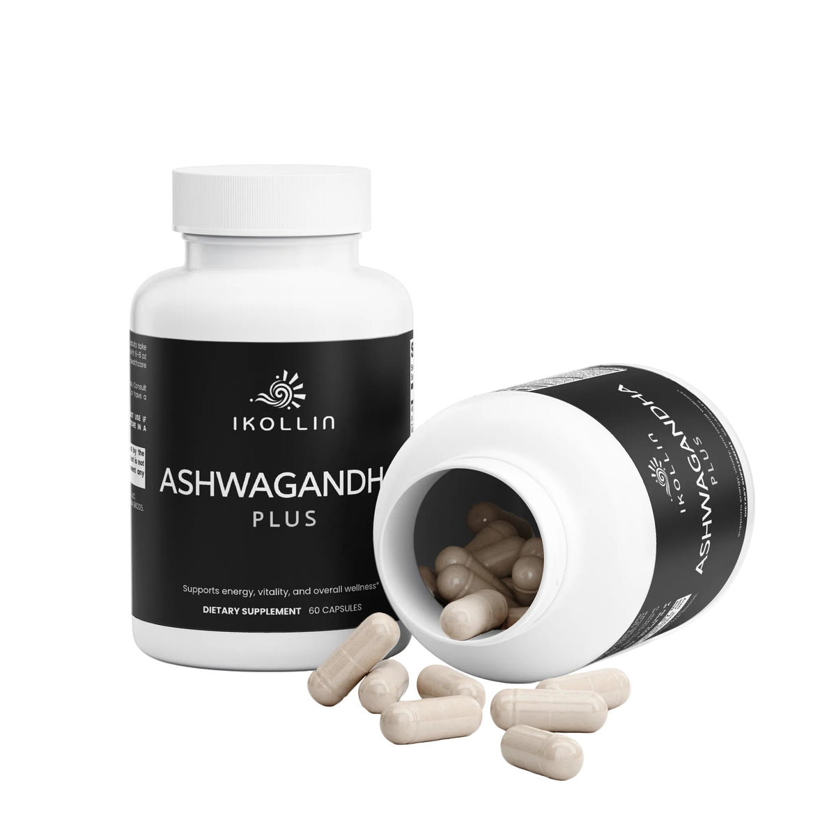 IKOLLIN Ashwagandha Plus two bottles open showing vegetarian capsules