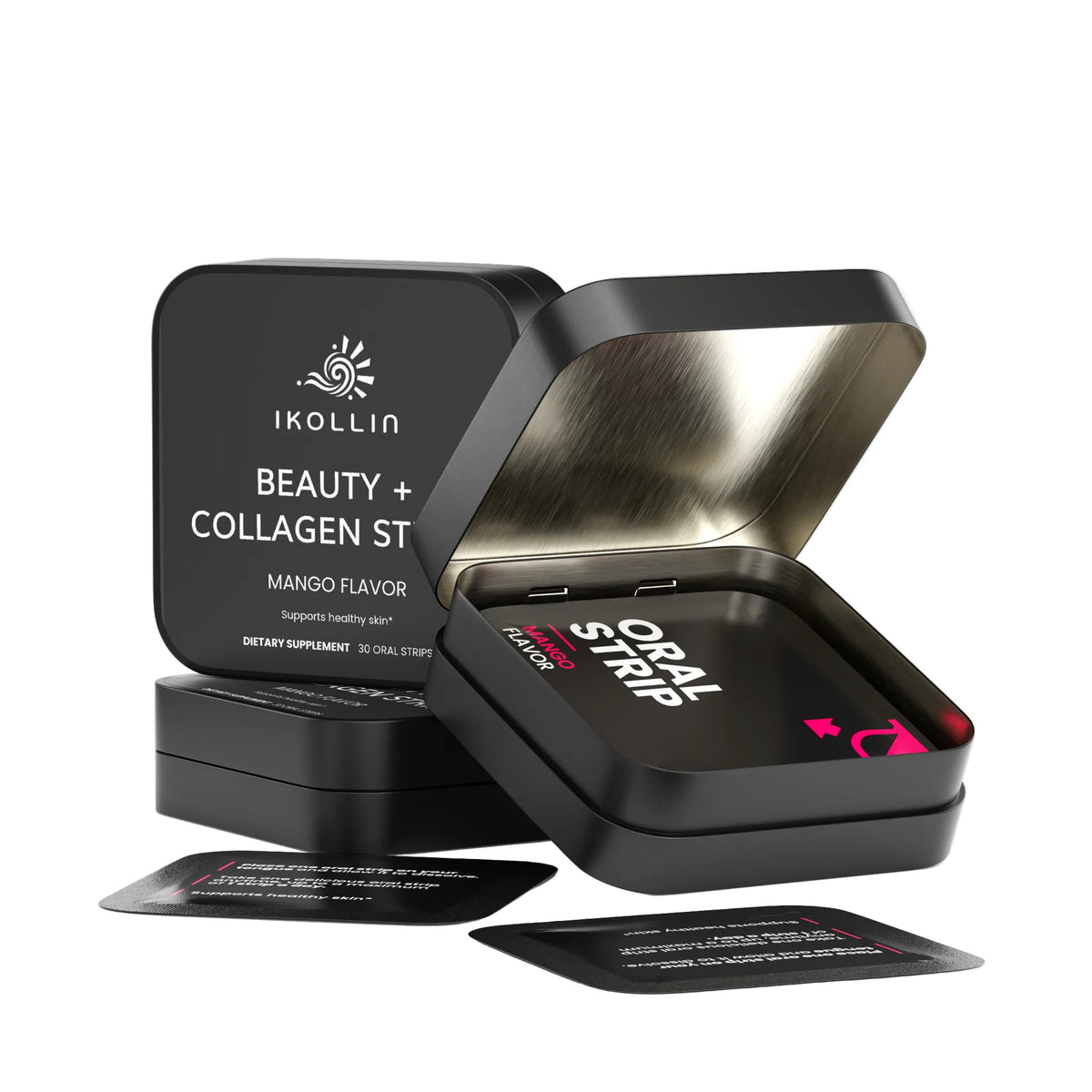 Open IKOLLIN Beauty + Collagen Strips package with dissolvable strips visible