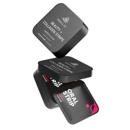 IKOLLIN Beauty + Collagen Strips package and individual strips shown from different angles

