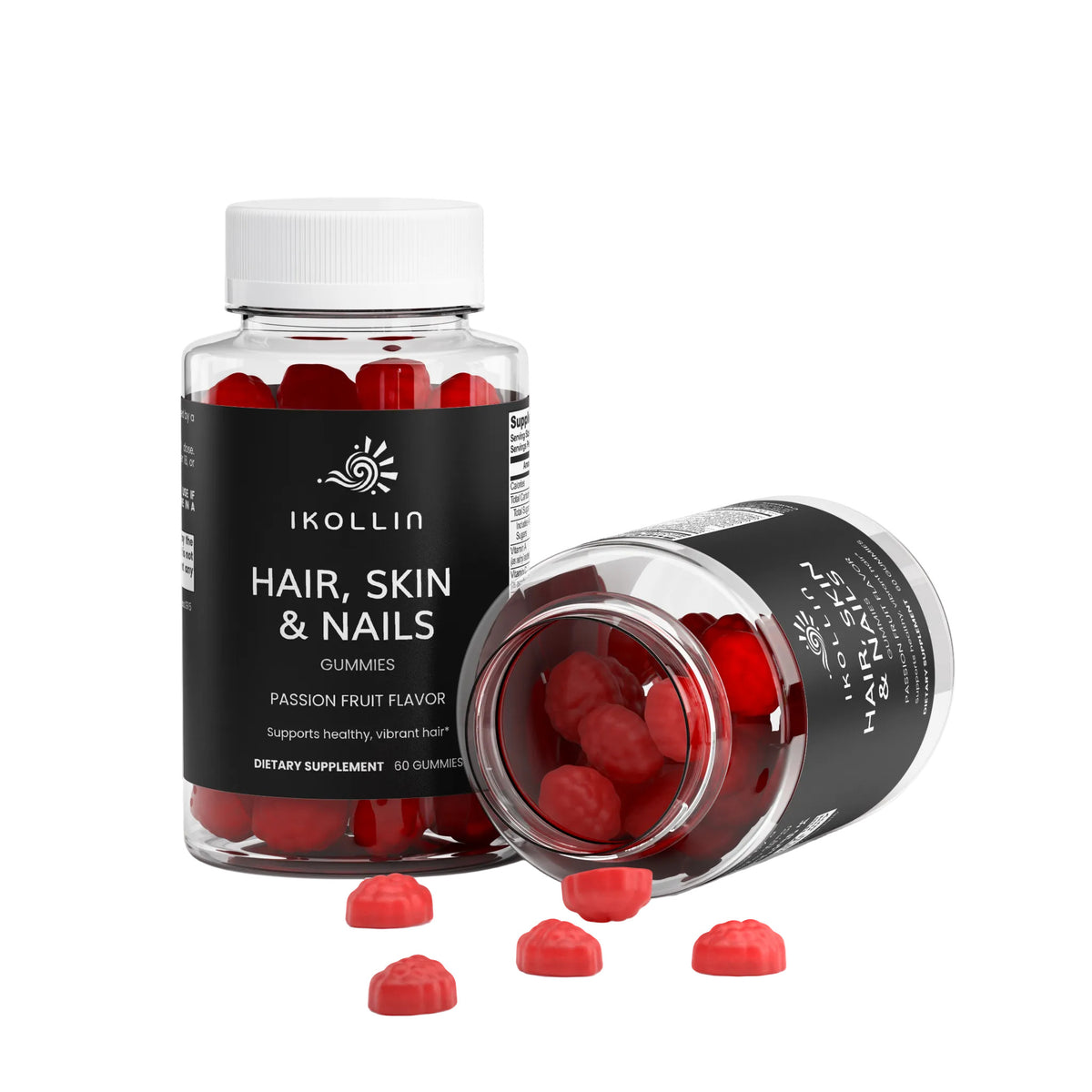 Hair, Skin & Nails Gummies bottle with red gummies and passion fruit pieces
