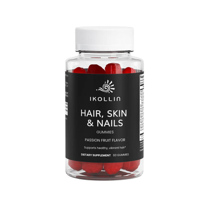  Hair, Skin & Nails Gummies bottle with red passion fruit accents on a white background

