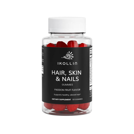  Hair, Skin & Nails Gummies bottle with red passion fruit accents on a white background

