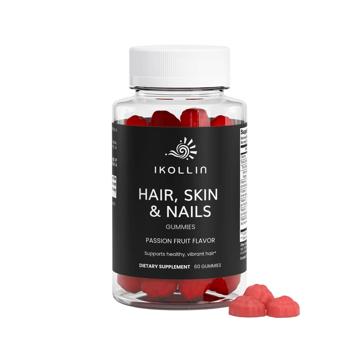 Hair, Skin & Nails Gummies bottle with passion fruit pieces on a white background