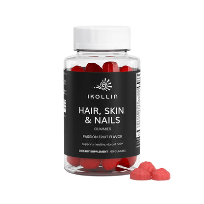 Hair, Skin & Nails Gummies bottle with passion fruit pieces on a white background