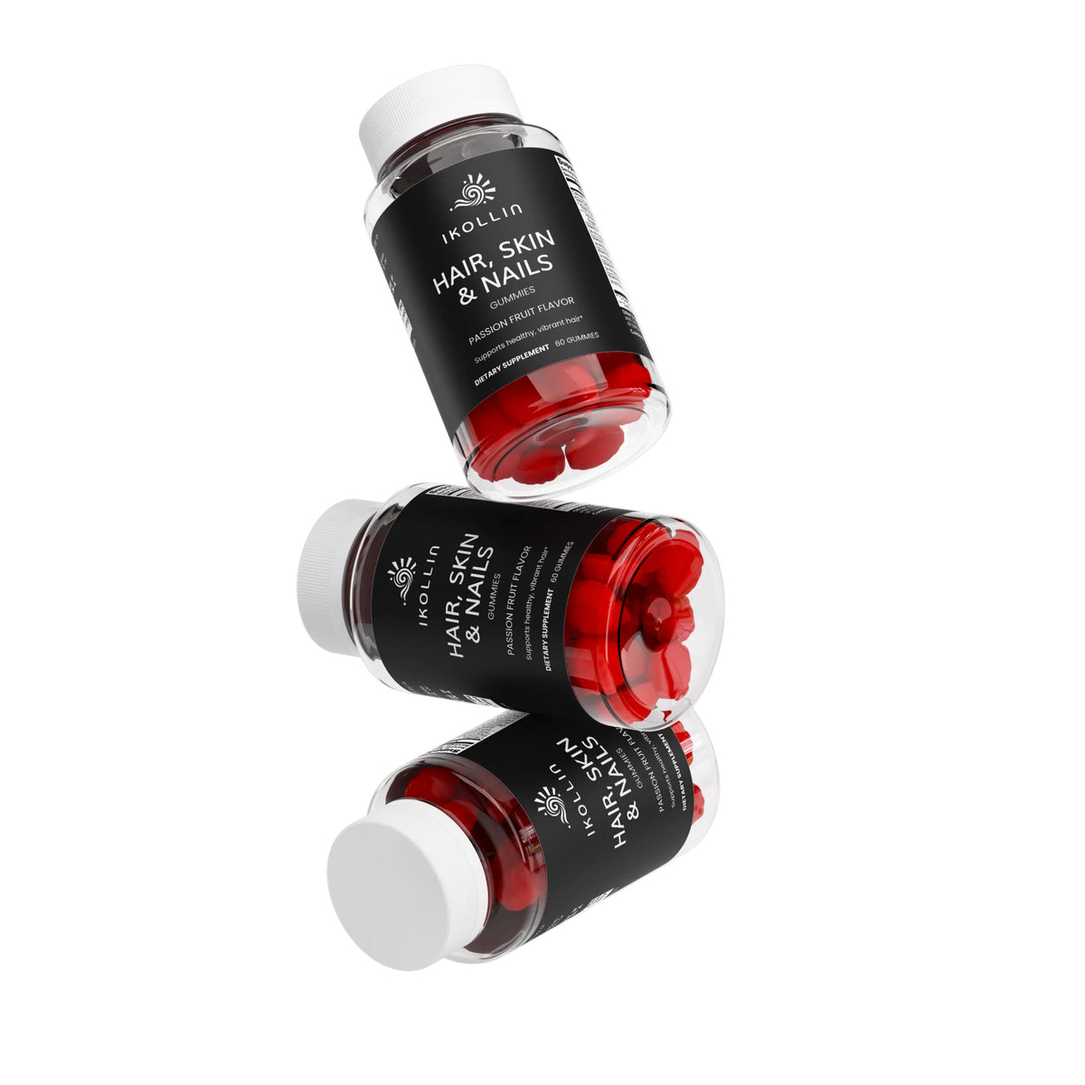 Red Hair, Skin & Nails vitamin gummies displayed on a white backgroundassion fruit pieces