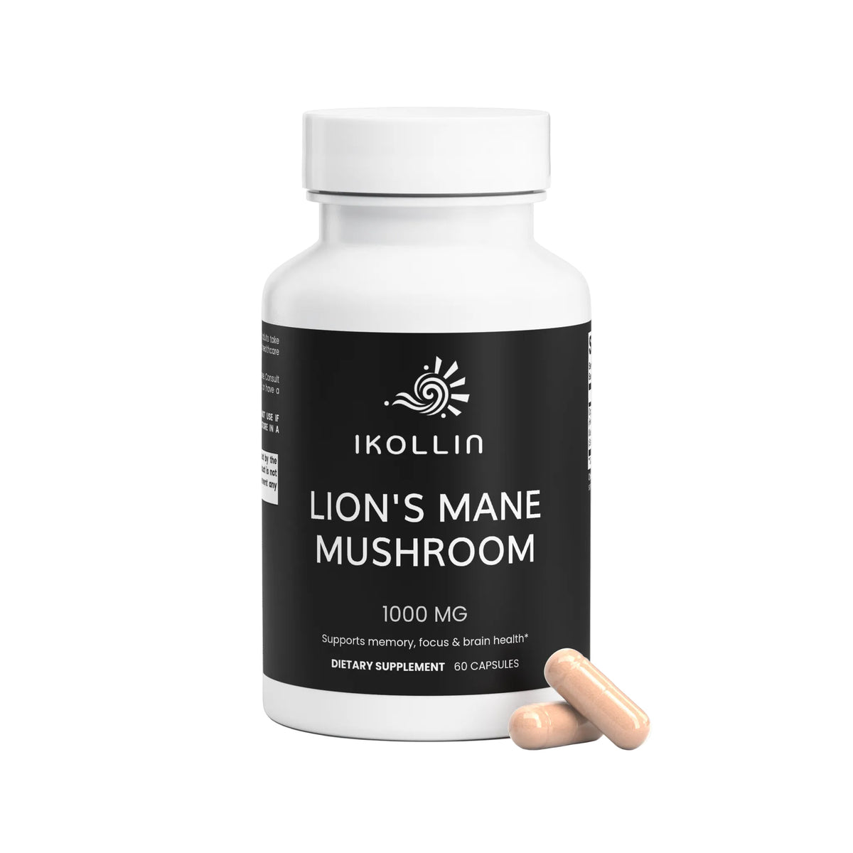 Lion's Mane Mushroom capsules label with supplement facts and ingredients