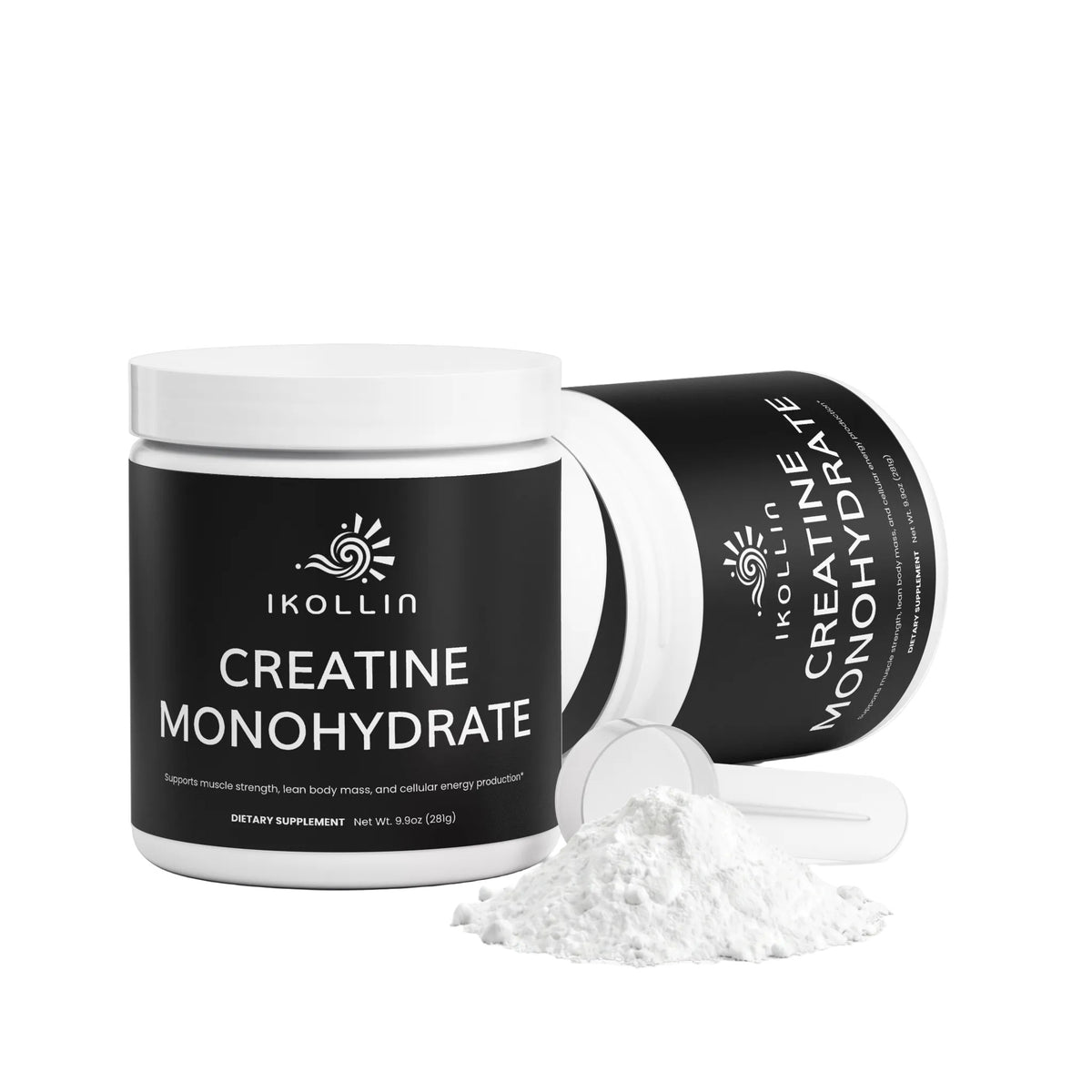 Two IKOLLIN Creatine Monohydrate containers with a scoop powder
