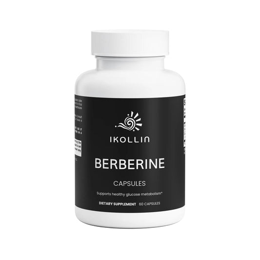  IKOLLIN Berberine Capsules – white bottle with black label, 60 capsules, supports healthy glucose metabolism, front view, white background

