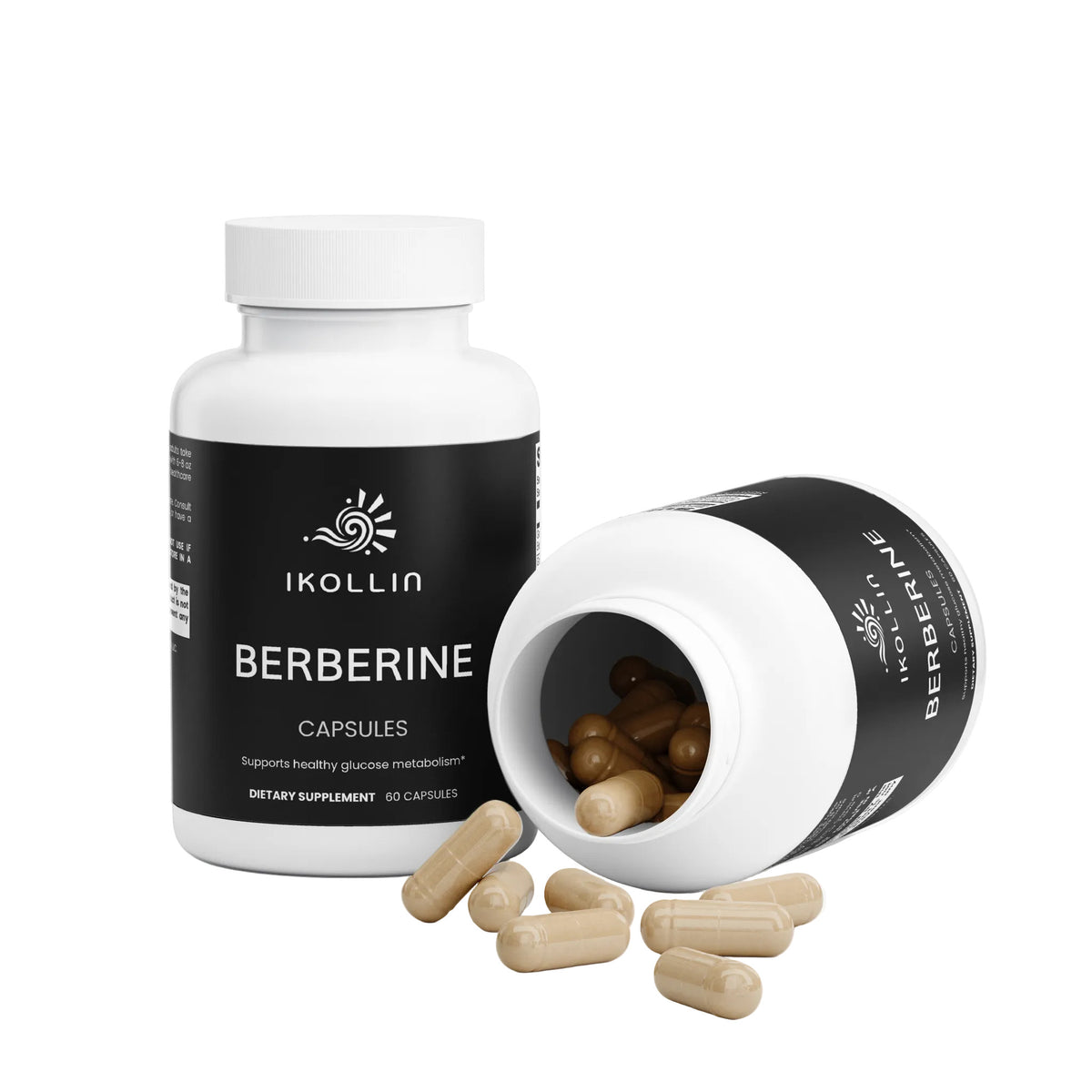 Two IKOLLIN Berberine Capsules bottles – one upright and one on its side with beige capsules spilling out, white background