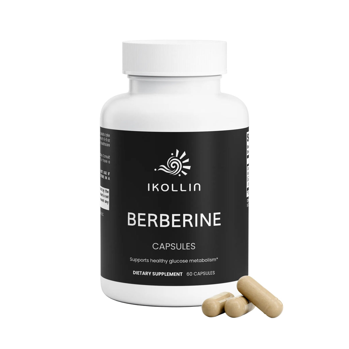 IKOLLIN Berberine Capsules bottle with three beige vegetable capsules in front, white background