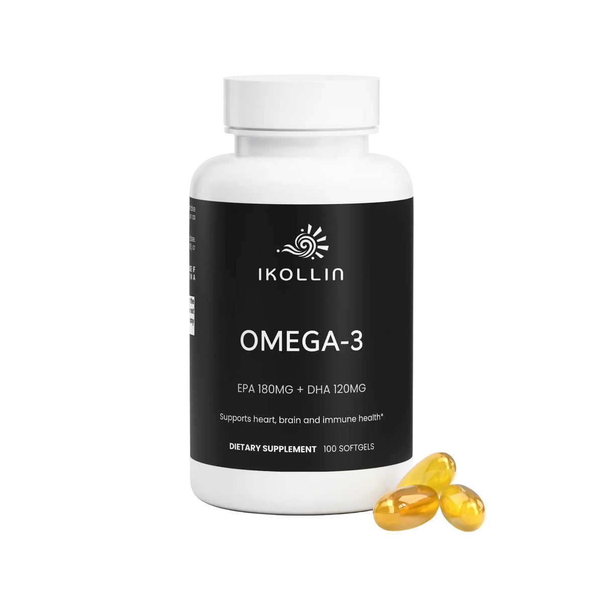 IKOLLIN Omega-3 supplement bottle with capsules on a white background