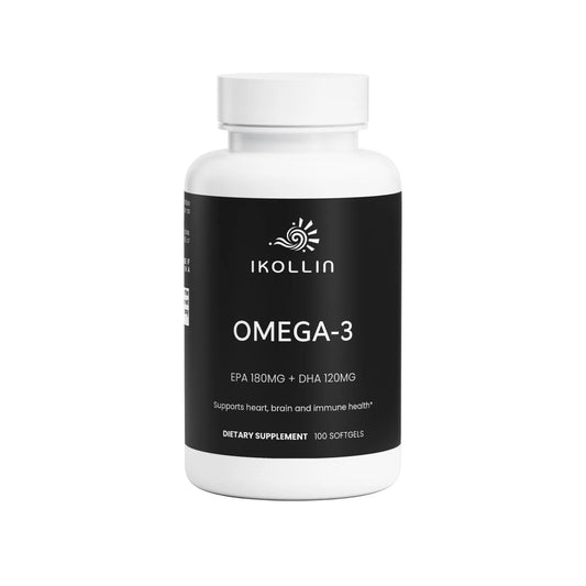 IKOLLIN Omega-3 EPA 180 mg + DHA 120 mg supplement bottle on a white background