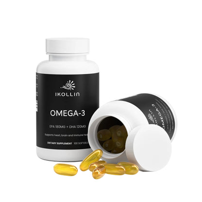 IKOLLIN Omega-3 supplement bottle lying beside capsules on a white background