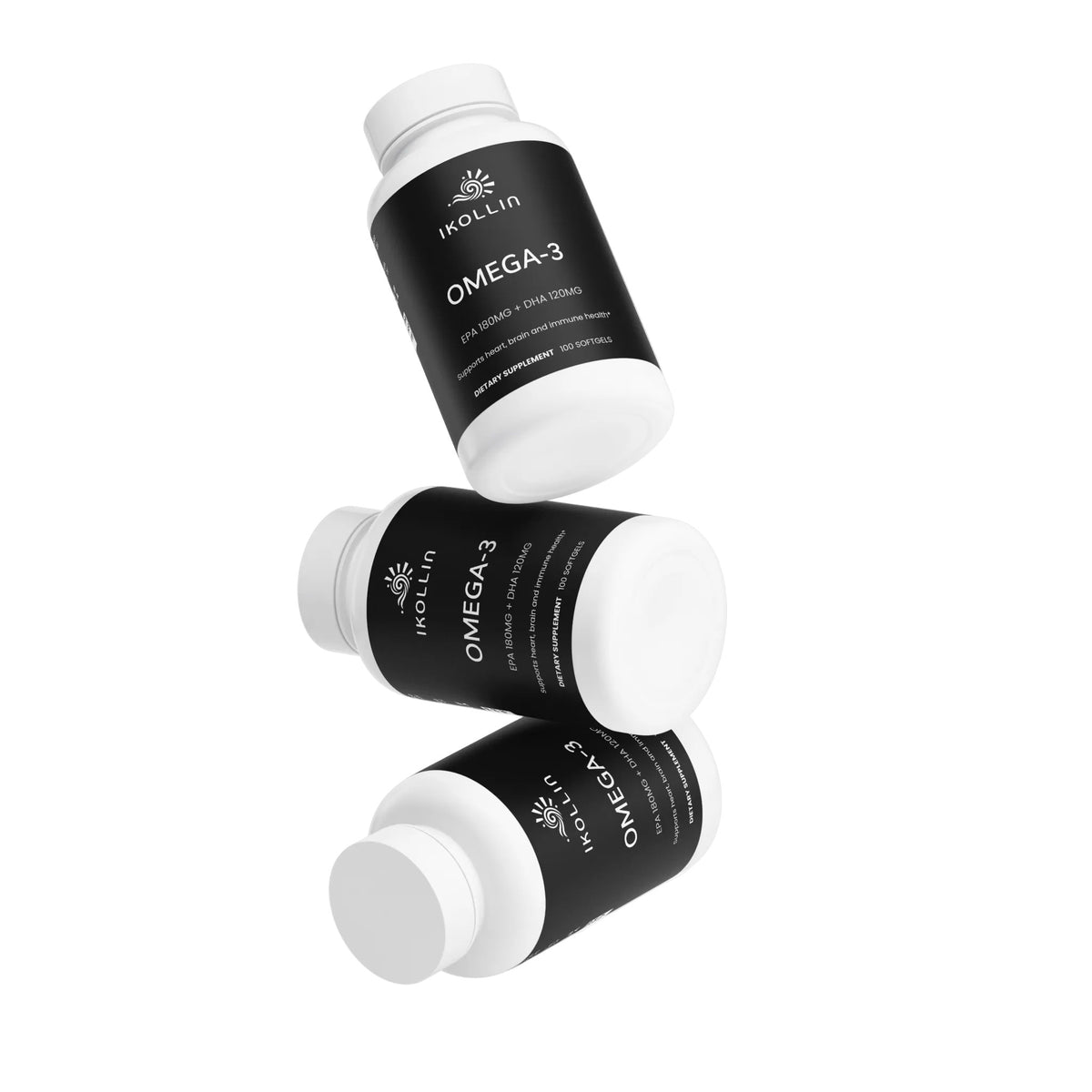 IKOLLIN Omega-3 supplement  3 bottles on a tower  a white background