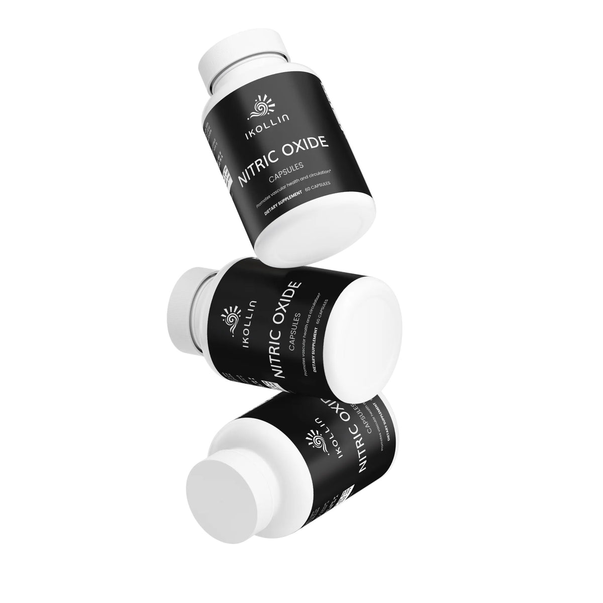 Three IKOLLIN Nitric Oxide bottles floating – dietary supplement 60 capsules