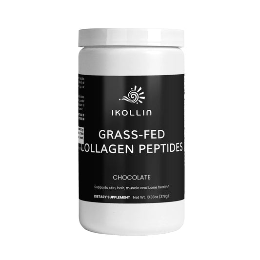 A white plastic tub of IKOLLIN Grass-Fed Collagen Peptides in Chocolate flavor, featuring a prominent black label with white text, set against a clean white background.