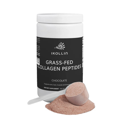 A white tub of IKOLLIN Grass-Fed Collagen Peptides in Chocolate flavor, shown with a small white scoop and a pile of the light brown collagen powder in front, on a light gray studio background.