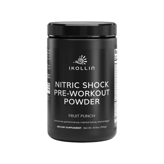  IKOLLIN Nitric Shock Pre-Workout Powder Fruit Punch – 300g black container, clean front view, white background