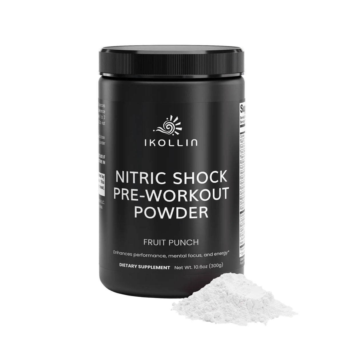 IKOLLIN Nitric Shock Pre-Workout Powder upright bottle with second container on its side and scoop with powder, white background