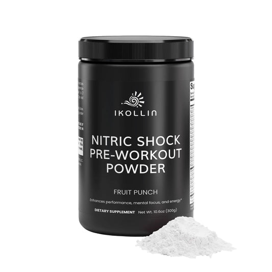IKOLLIN Nitric Shock Pre-Workout Powder upright bottle with second container on its side and scoop with powder, white background