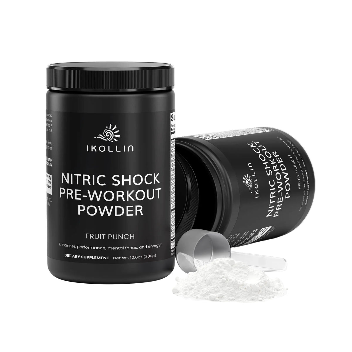 IKOLLIN Nitric Shock Pre-Workout Powder upright bottle with second container on its side and scoop with powder, white background