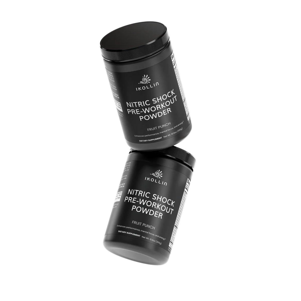 IKOLLIN Nitric Shock Pre-Workout Powder containers floating – Fruit Punch flavor, 300g dietary supplement