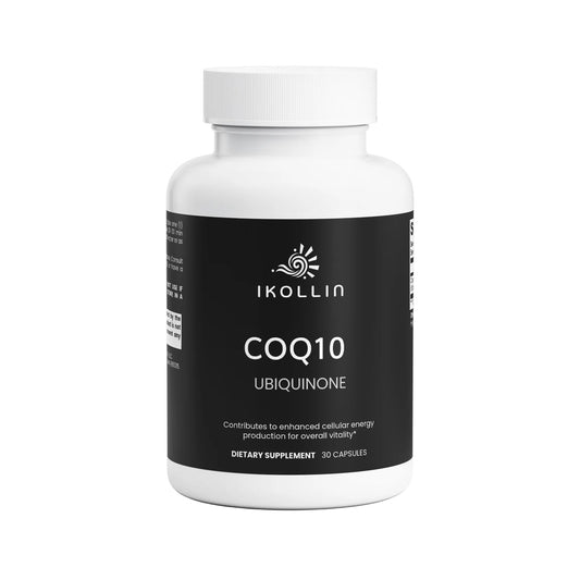IKOLLIN CoQ10 Ubiquinone supplement bottle on a white background.