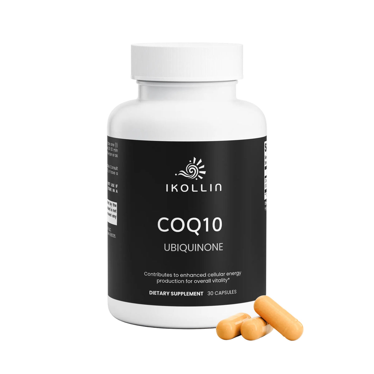 IKOLLIN CoQ10 Ubiquinone bottle with two orange capsules on a white background.