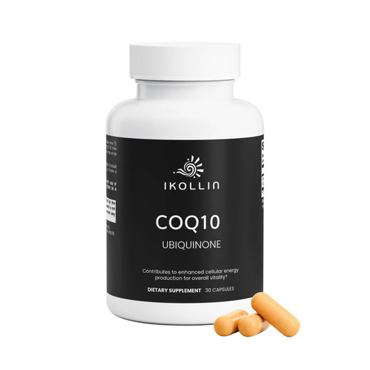 IKOLLIN CoQ10 Ubiquinone bottle with two orange capsules on a white background.
