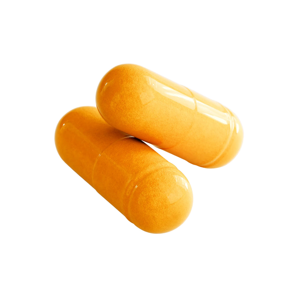 Two orange CoQ10 Ubiquinone capsules on a white background.