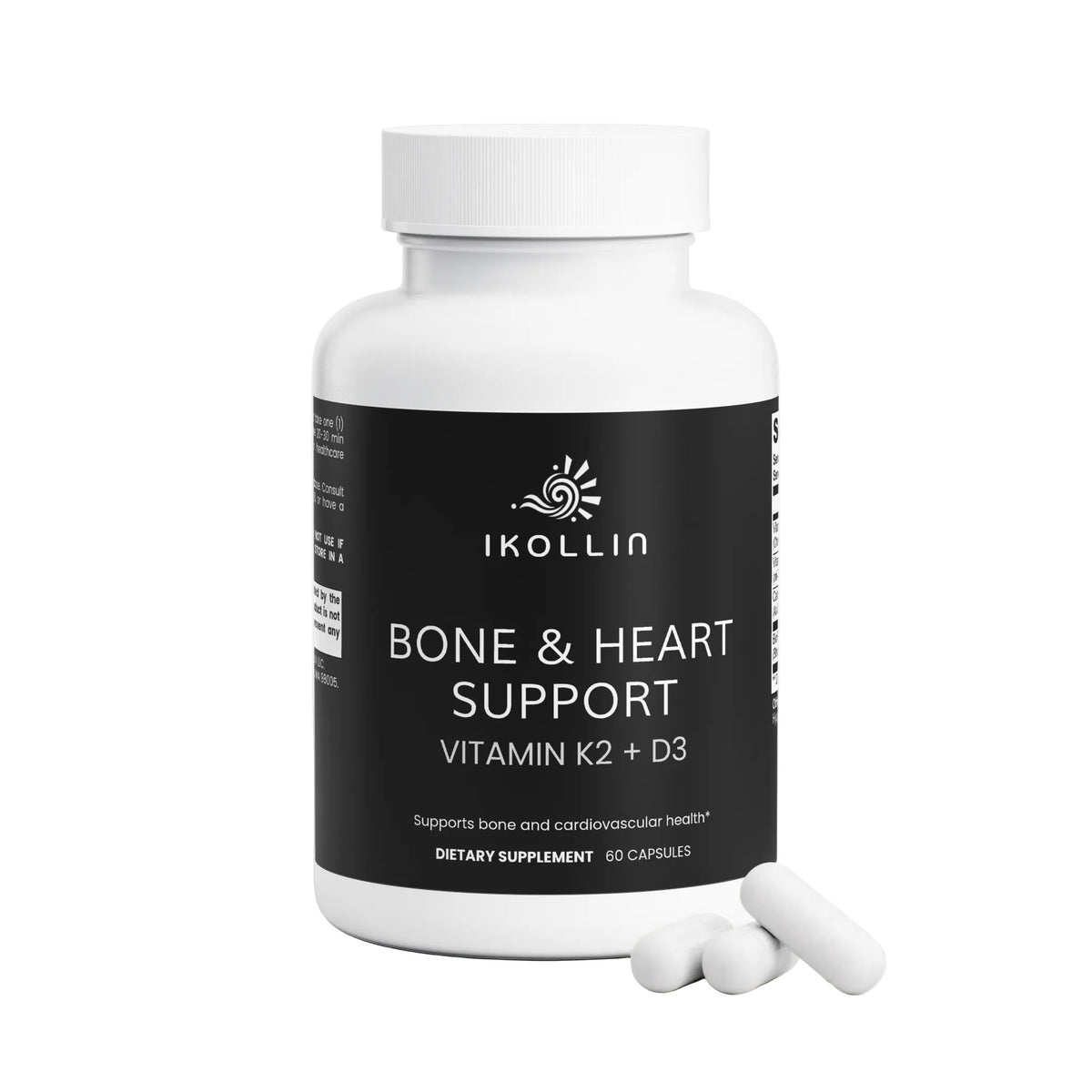 Two IKOLLIN Bone & Heart Support Vitamin K2 + D3 bottles, one tipped over with capsules spilling out

