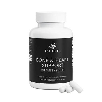Two IKOLLIN Bone & Heart Support Vitamin K2 + D3 bottles, one tipped over with capsules spilling out


