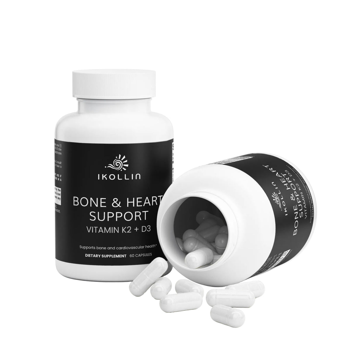 IKOLLIN Bone & Heart Support Vitamin K2 + D3 bottle with white capsules beside it