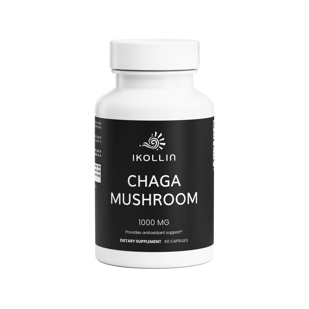 IKOLLIN Chaga Mushroom Capsules – white bottle with black label, 1000mg, 60 capsules, antioxidant support, front view, light gray background

