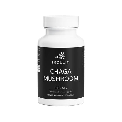 IKOLLIN Chaga Mushroom Capsules – white bottle with black label, 1000mg, 60 capsules, antioxidant support, front view, light gray background

