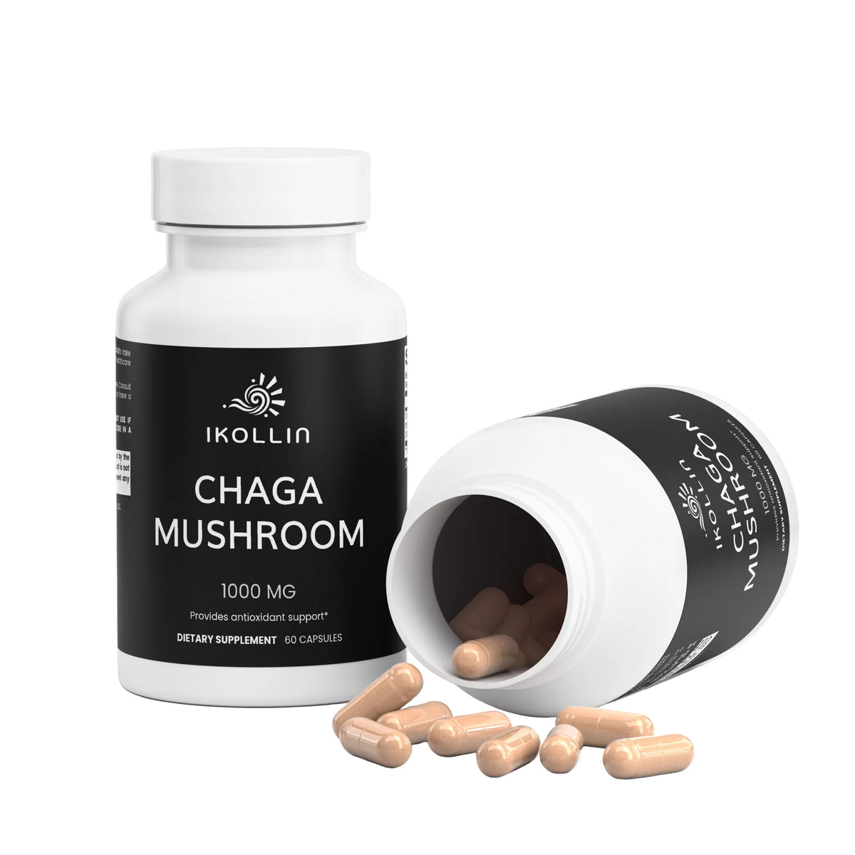 IKOLLIN Chaga Mushroom Capsules bottles – one upright and one on its side with beige capsules spilling out, light gray background