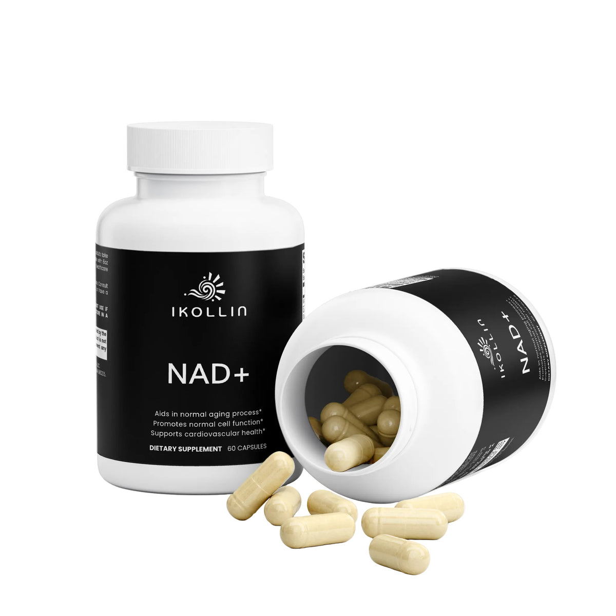 NAD+ supplement bottles arranged at different angles on a white background