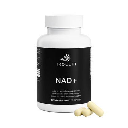  NAD+ supplement bottle with capsules beside it on a white background